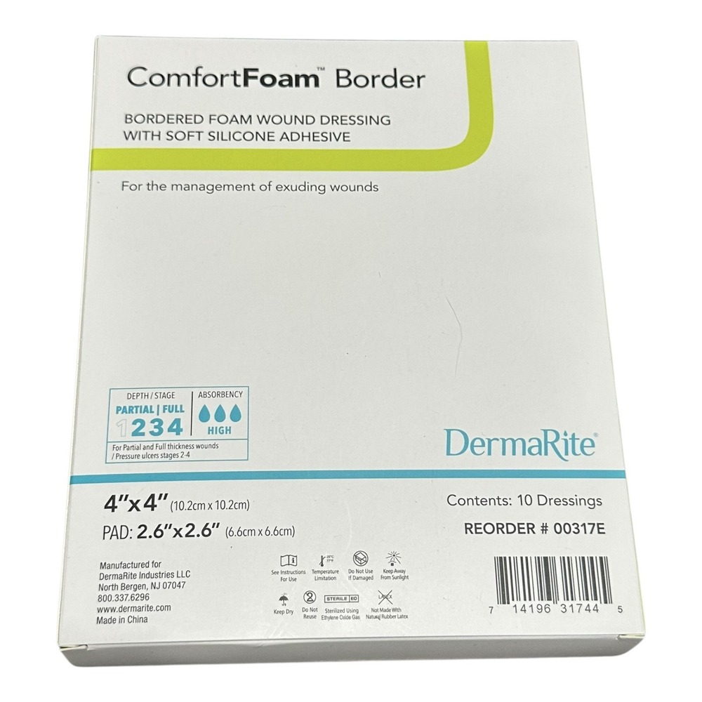 NEW DermaRite Comfort Foam Border Wound Dressing 4" x 4" 10 Pack‎ Exp 2029